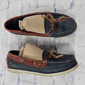 Sebago Docksides Boat Shoes Mens 8.5 Navy Blue Brown Leather Nautical Made USA